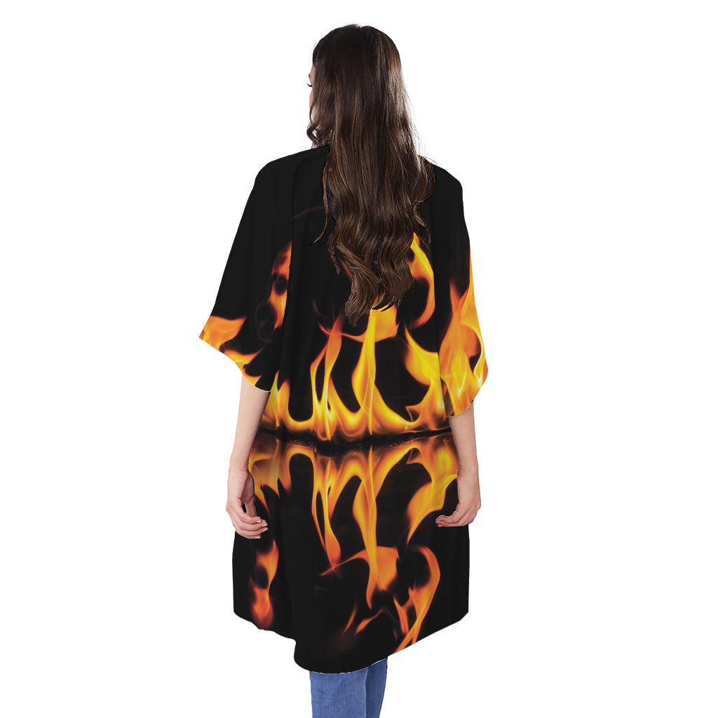 Fire Flame Burning Print Open Front Beach Cover Up