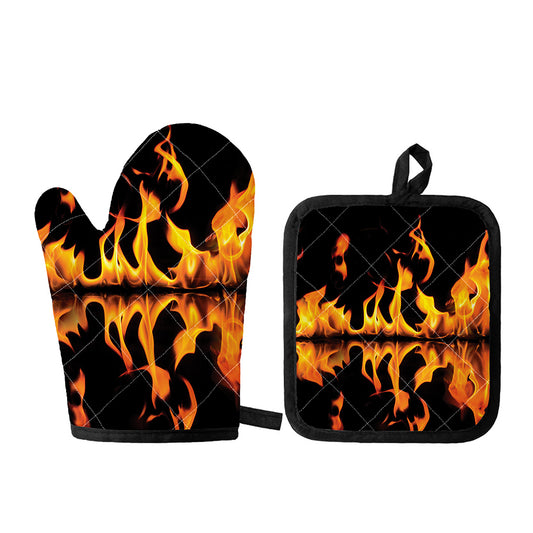Fire Flame Burning Print Oven Mitt And Pot Holder Set