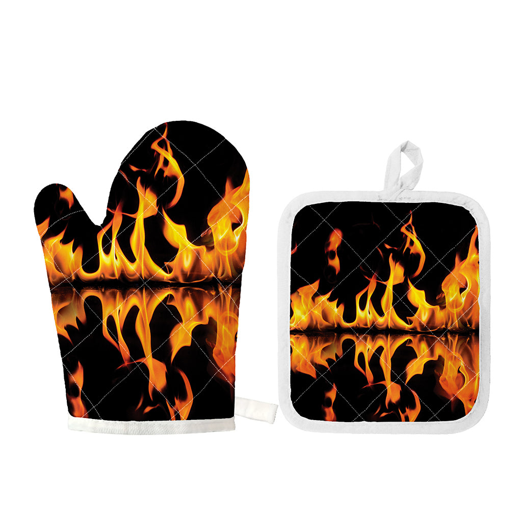 Fire Flame Burning Print Oven Mitt And Pot Holder Set