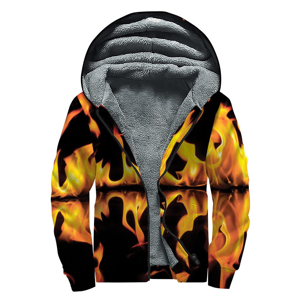Fire Flame Burning Print Sherpa Lined Zip Up Hoodie