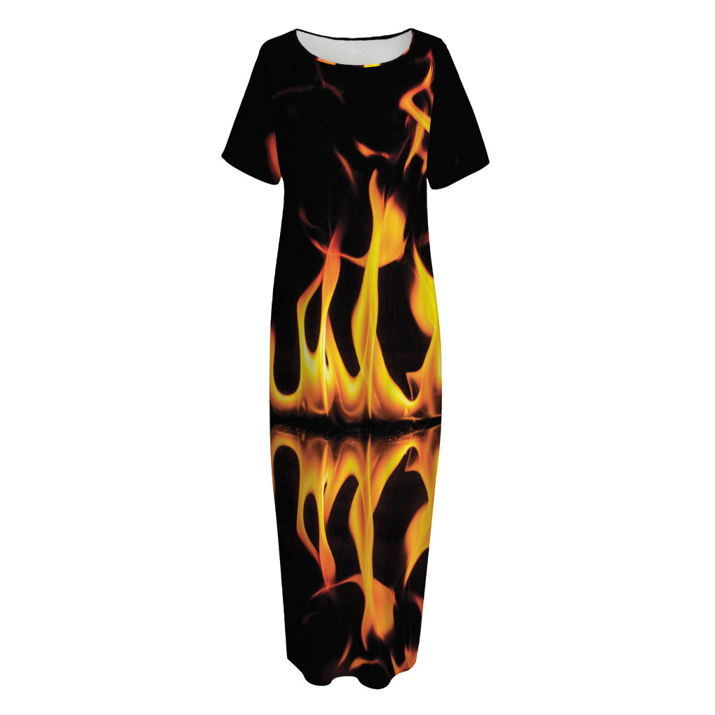 Fire Flame Burning Print Short Sleeve Long Nightdress