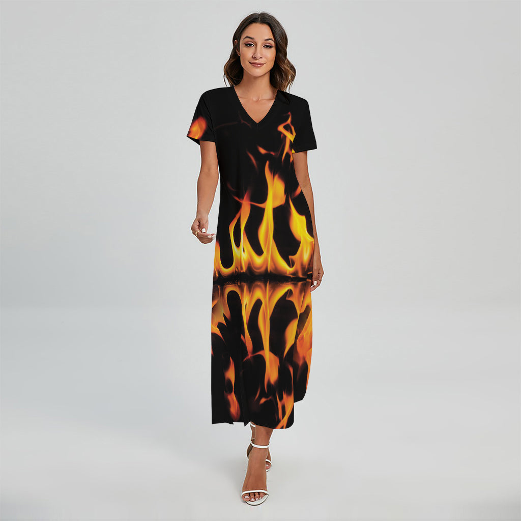 Fire Flame Burning Print Short Sleeve Maxi Dress