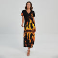 Fire Flame Burning Print Short Sleeve Maxi Dress