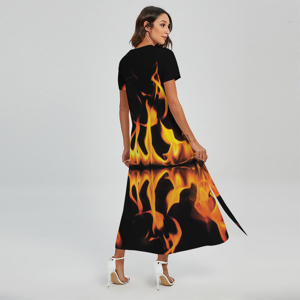 Fire Flame Burning Print Short Sleeve Maxi Dress