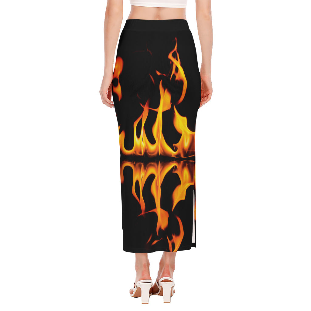 Fire Flame Burning Print Side Slit Maxi Skirt