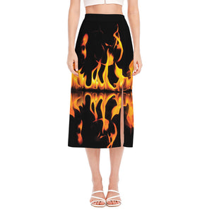 Fire Flame Burning Print Side Slit Midi Skirt