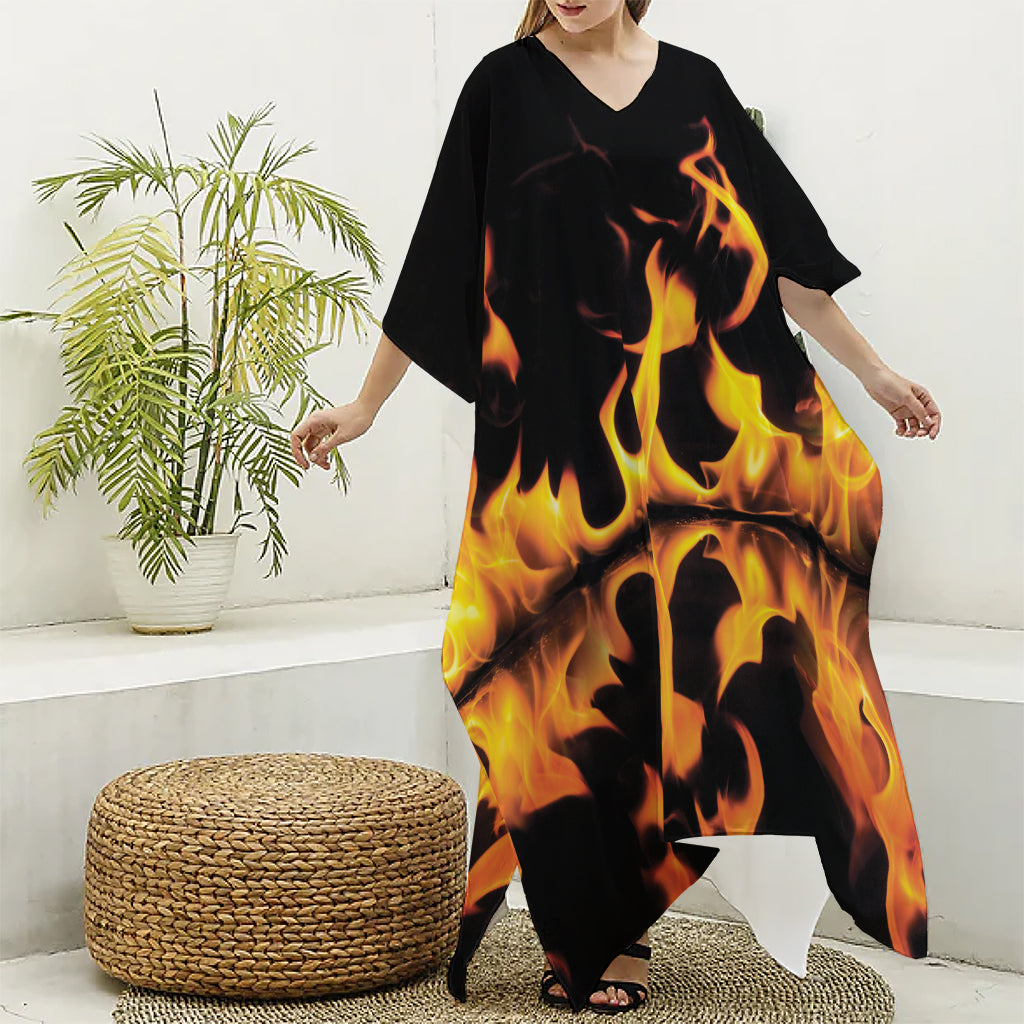 Fire Flame Burning Print Silk V-Neck Kaftan Dress