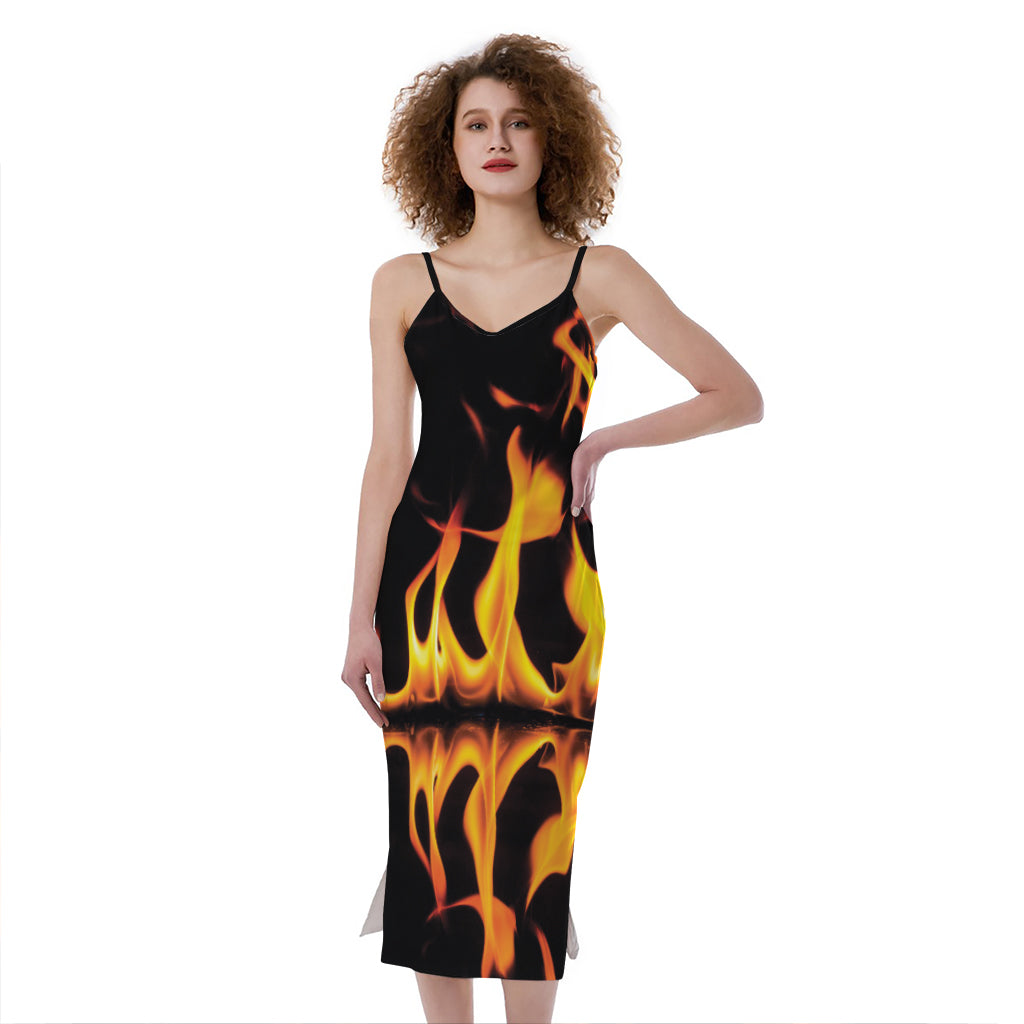 Fire Flame Burning Print Slim Fit Midi Cami Dress