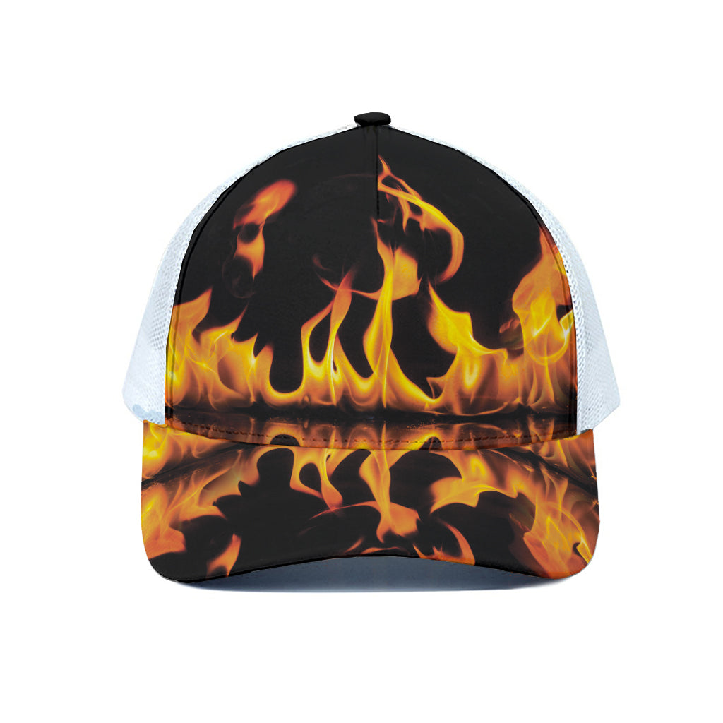 Fire Flame Burning Print White Mesh Trucker Cap