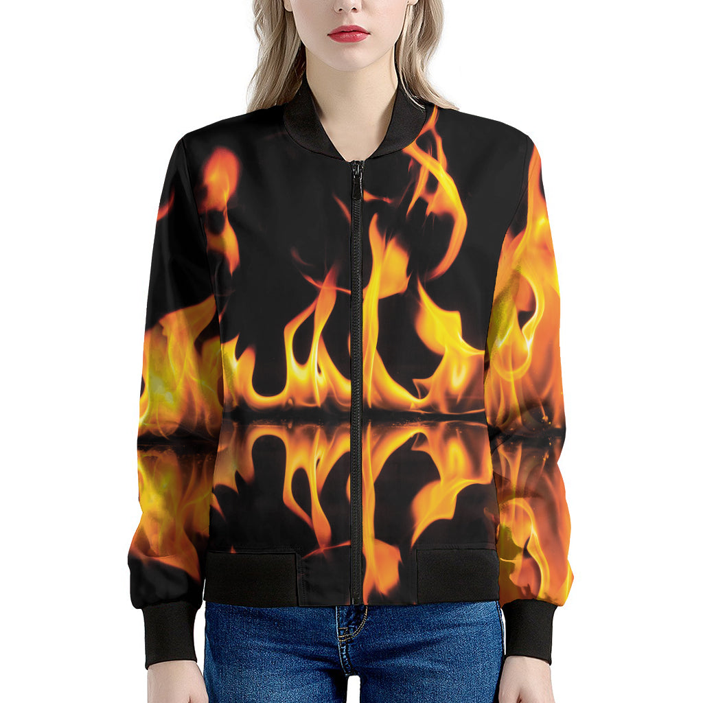 Fire Flame Burning Print Women's Bomber Jacket