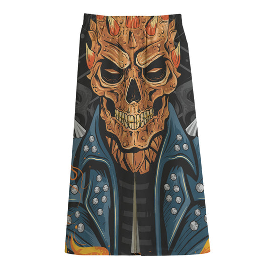 Fire Punk Devil Print Cotton Front Slit Maxi Skirt