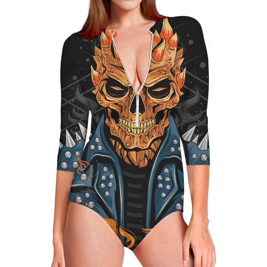 Fire Punk Devil Print Long Sleeve Swimsuit