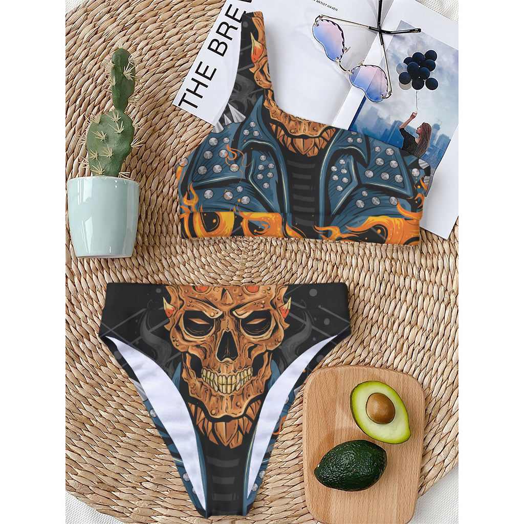 Fire Punk Devil Print One Shoulder Bikini Top