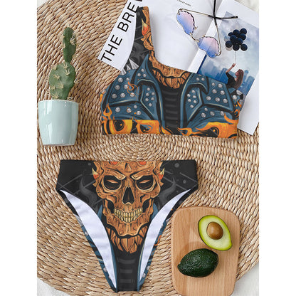 Fire Punk Devil Print One Shoulder Bikini Top