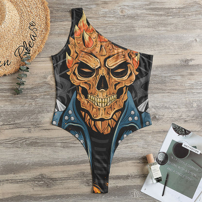 Fire Punk Devil Print One Shoulder Bodysuit