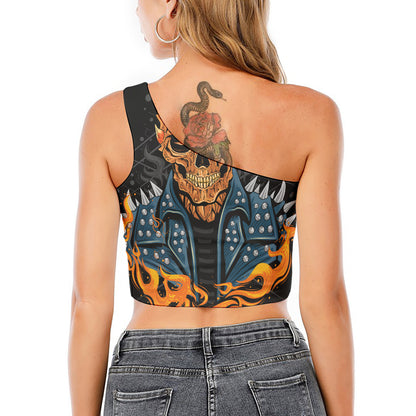 Fire Punk Devil Print One Shoulder Crop Top