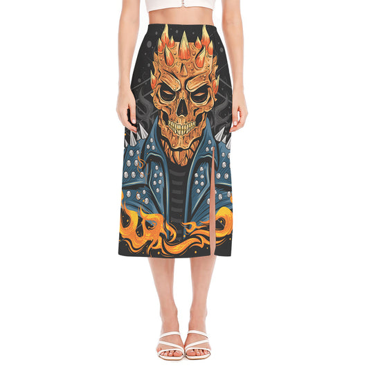 Fire Punk Devil Print Side Slit Midi Skirt