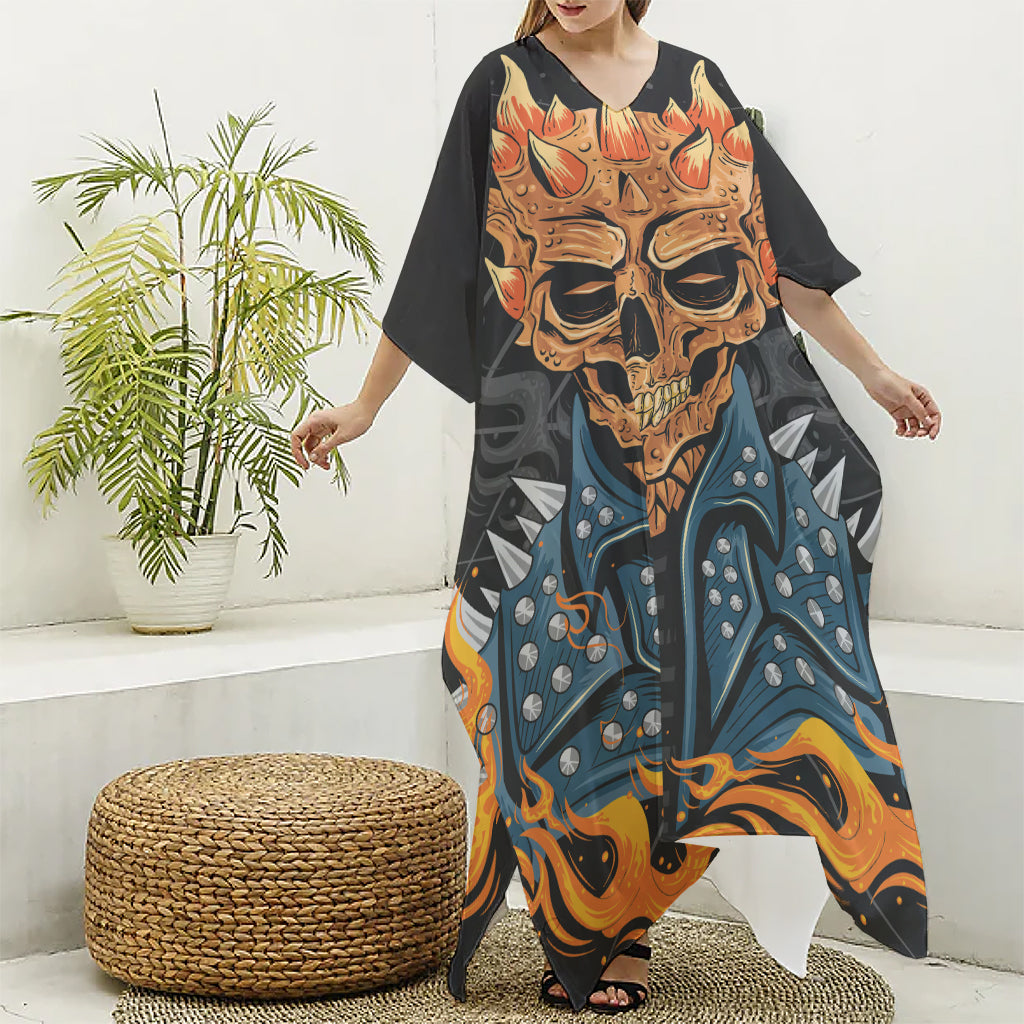 Fire Punk Devil Print Silk V-Neck Kaftan Dress