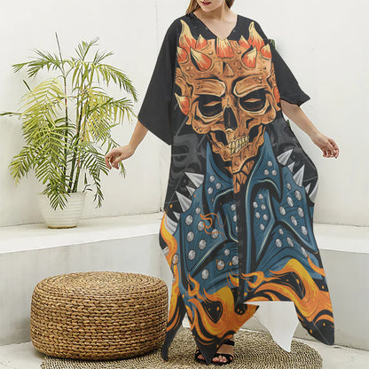 Fire Punk Devil Print Silk V-Neck Kaftan Dress