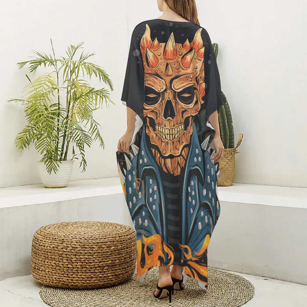 Fire Punk Devil Print Silk V-Neck Kaftan Dress