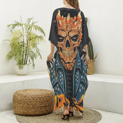 Fire Punk Devil Print Silk V-Neck Kaftan Dress