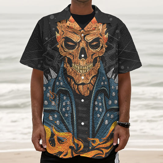 Fire Punk Devil Print Textured Short Sleeve Shirt