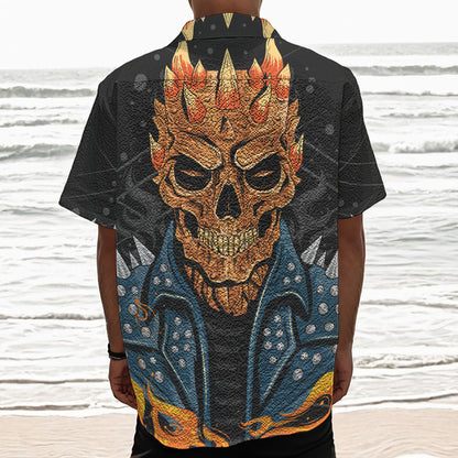 Fire Punk Devil Print Textured Short Sleeve Shirt