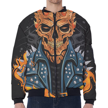 Fire Punk Devil Print Zip Sleeve Bomber Jacket