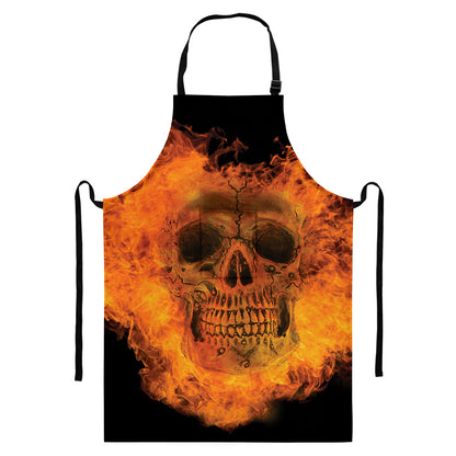 Fire Skull Print Bib Apron With Pocket