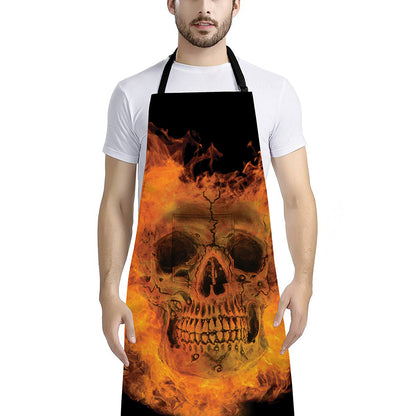 Fire Skull Print Bib Apron With Pocket