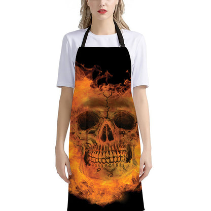 Fire Skull Print Bib Apron With Pocket