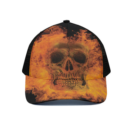 Fire Skull Print Black Mesh Trucker Cap
