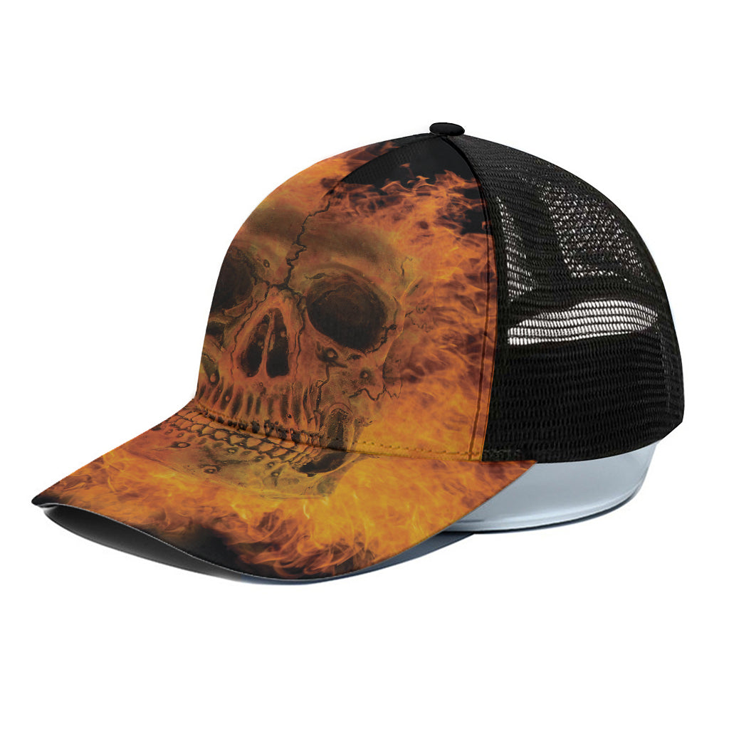 Fire Skull Print Black Mesh Trucker Cap