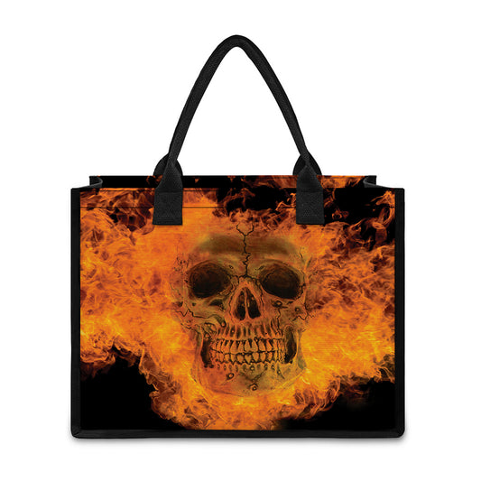 Fire Skull Print Canvas Tote Bag