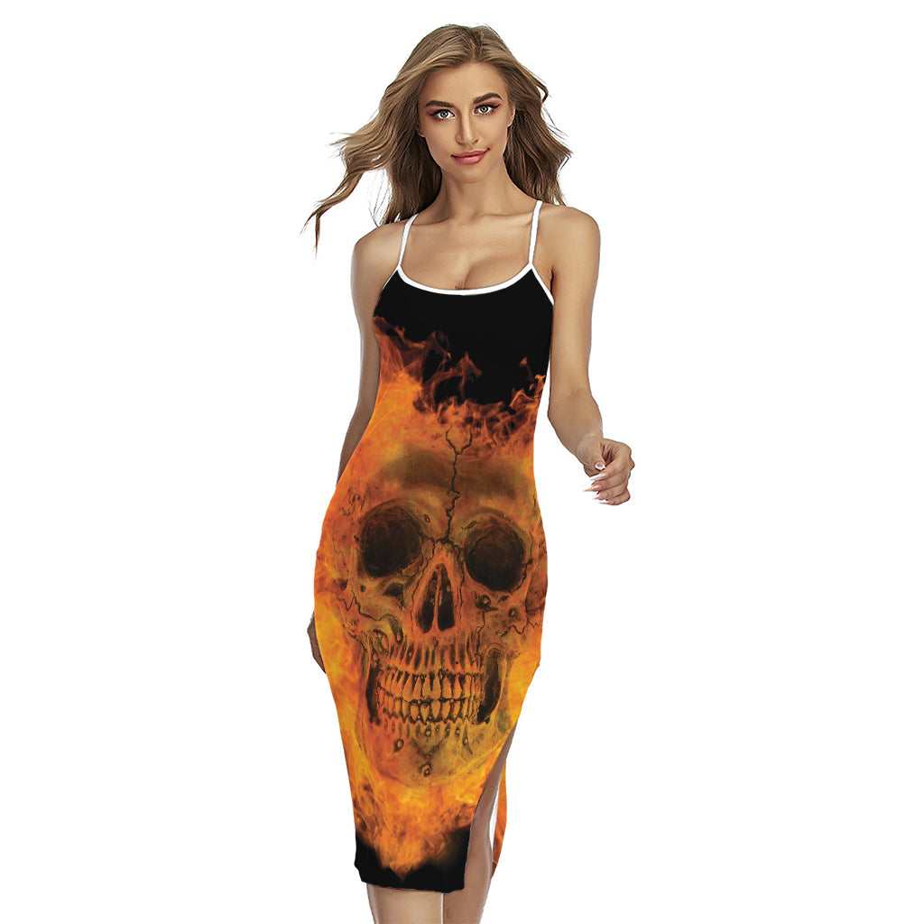 Fire Skull Print Cross Back Cami Dress