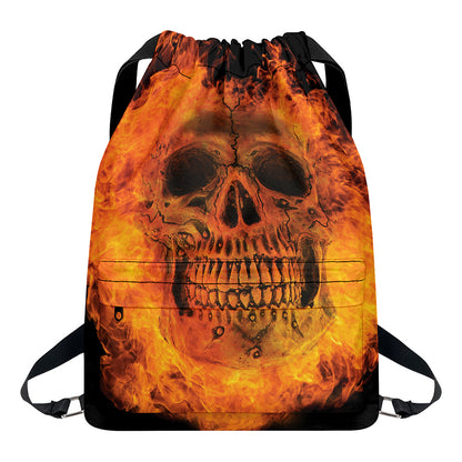 Fire Skull Print Drawstring Backpack