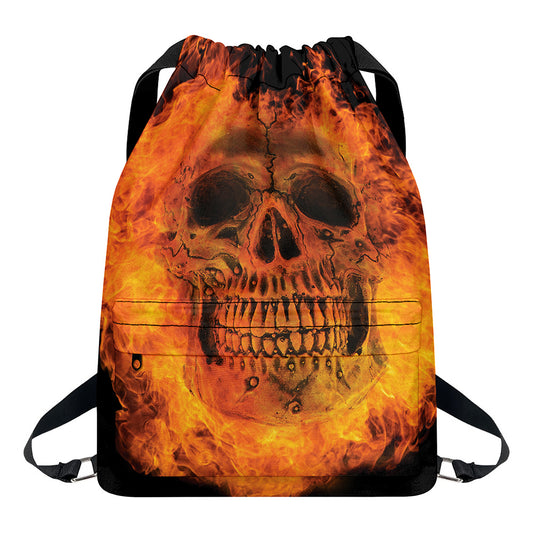 Fire Skull Print Drawstring Backpack