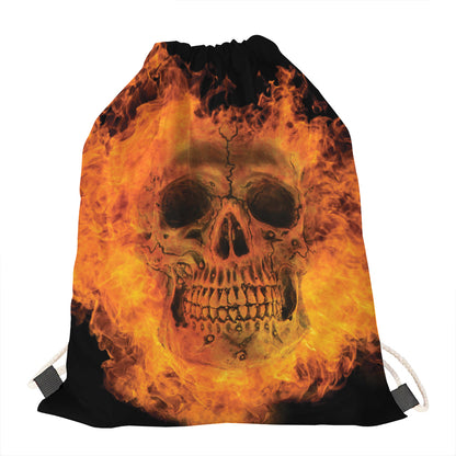 Fire Skull Print Drawstring Bag