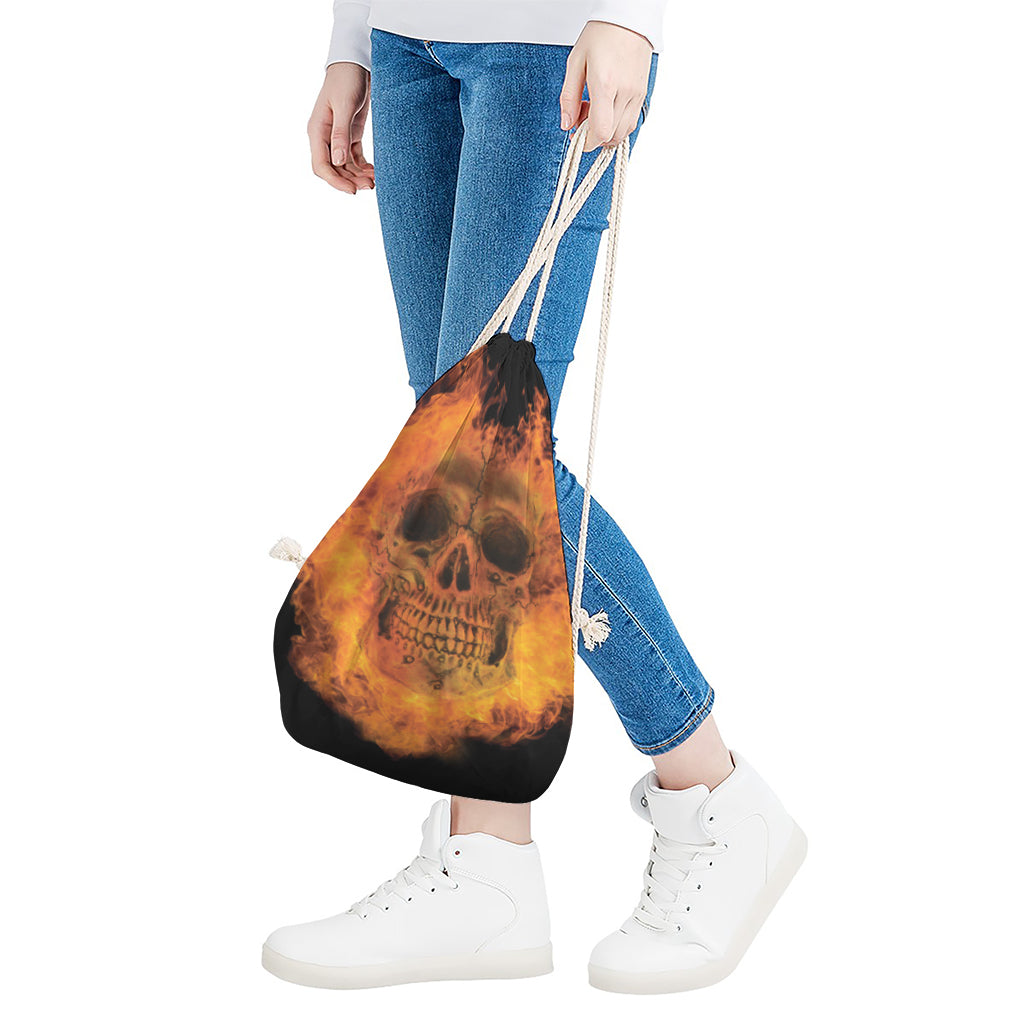 Fire Skull Print Drawstring Bag