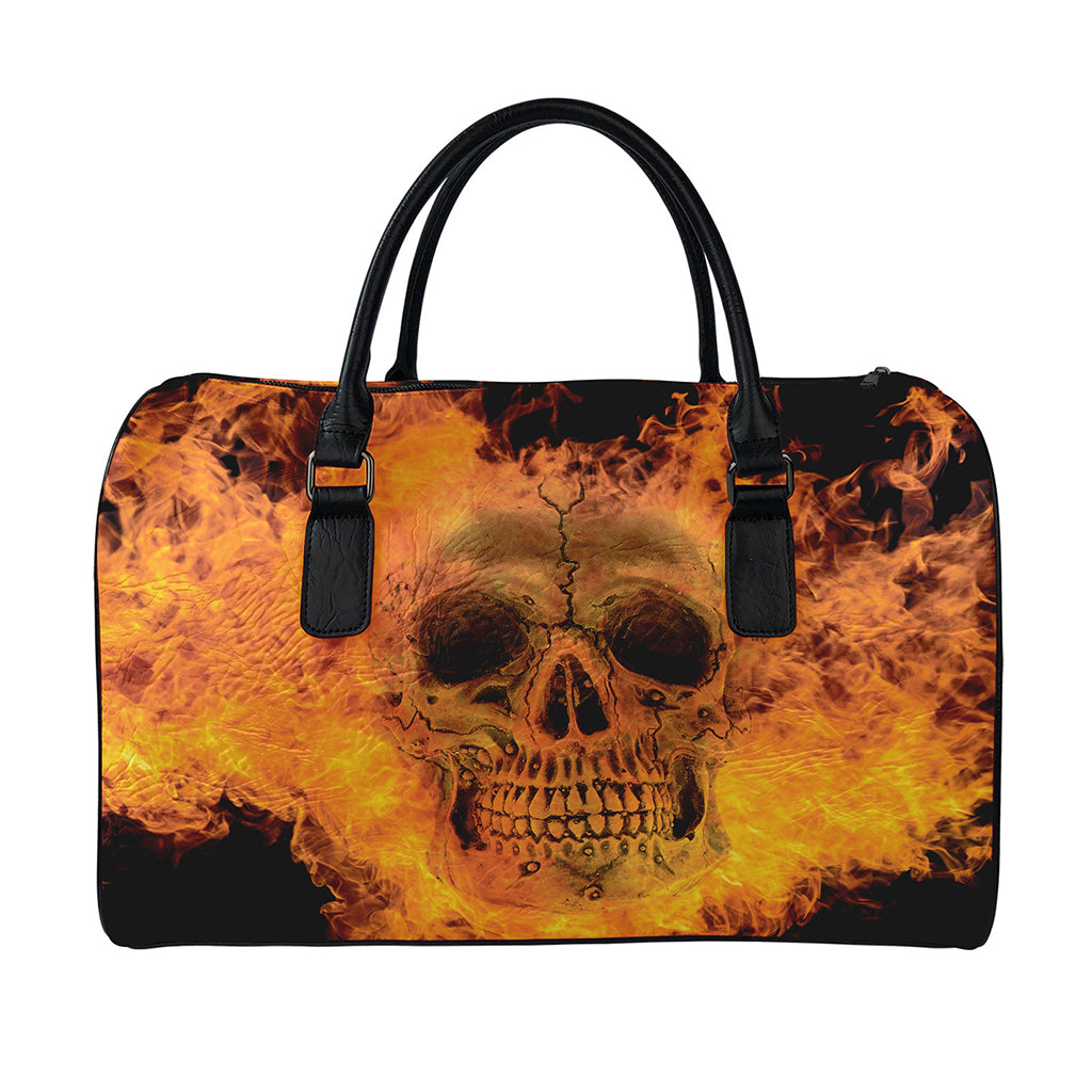 Fire Skull Print Leather Duffle Bag