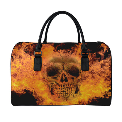 Fire Skull Print Leather Duffle Bag