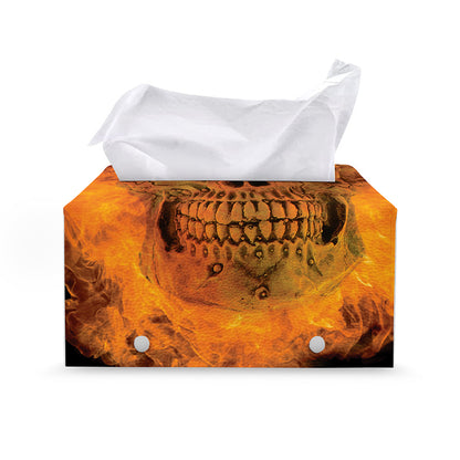 Fire Skull Print Leather Tissue Box Cover