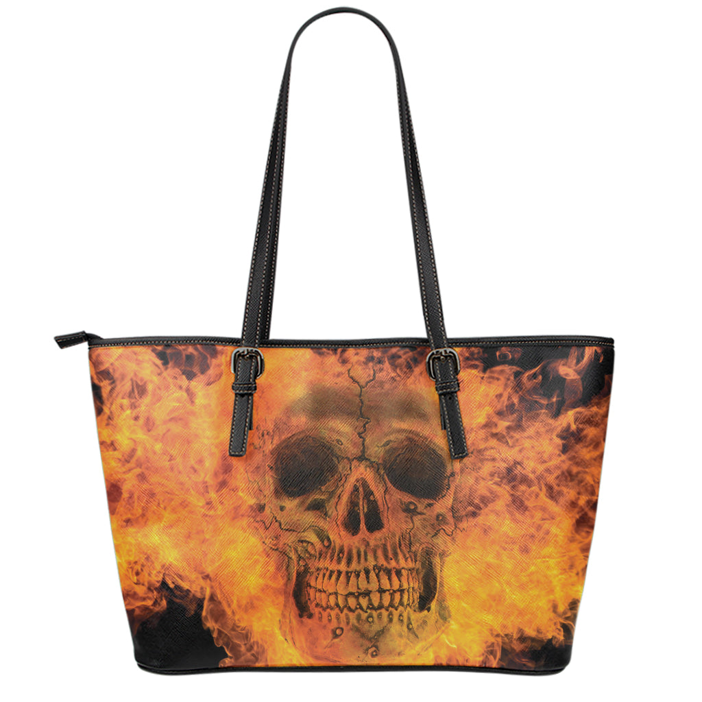 Fire Skull Print Leather Tote Bag