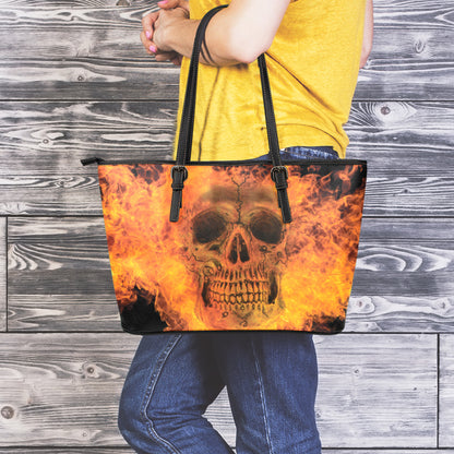 Fire Skull Print Leather Tote Bag