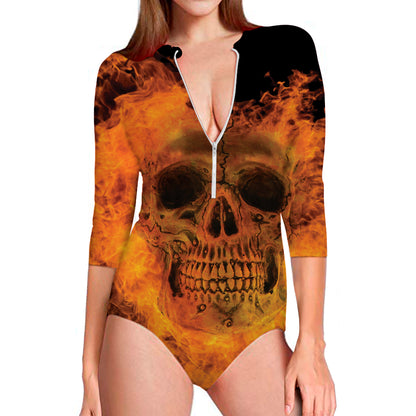 Fire Skull Print Long Sleeve Swimsuit