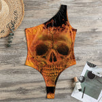 Fire Skull Print One Shoulder Bodysuit