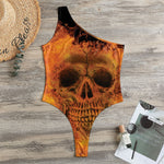 Fire Skull Print One Shoulder Bodysuit