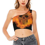 Fire Skull Print One Shoulder Crop Top