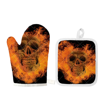 Fire Skull Print Oven Mitt And Pot Holder Set