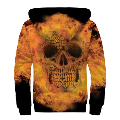 Fire Skull Print Sherpa Lined Zip Up Hoodie